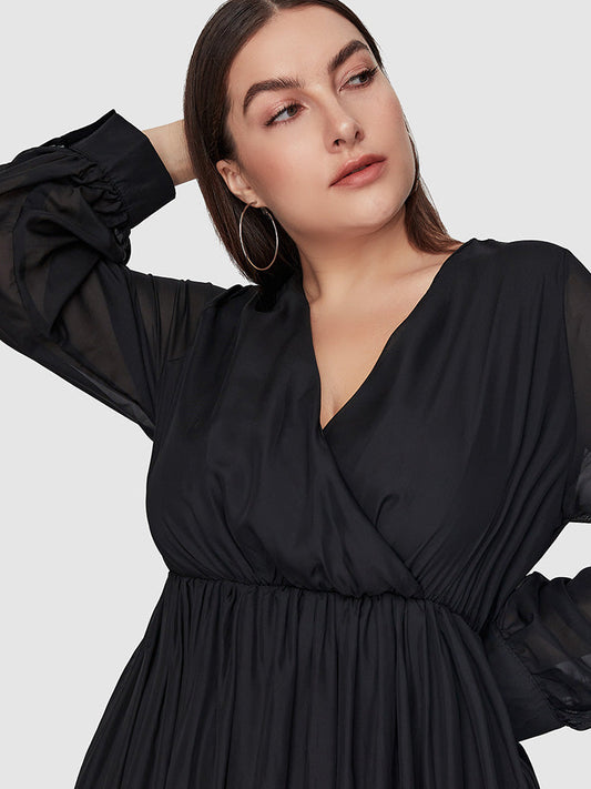 Solid Pleated Surplice Neck Dress