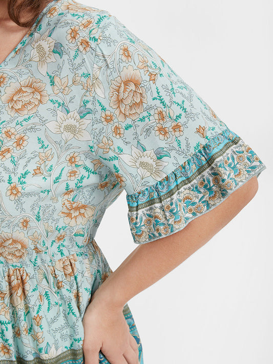 Floral Ties Ruffles Trim V Neck Blouse