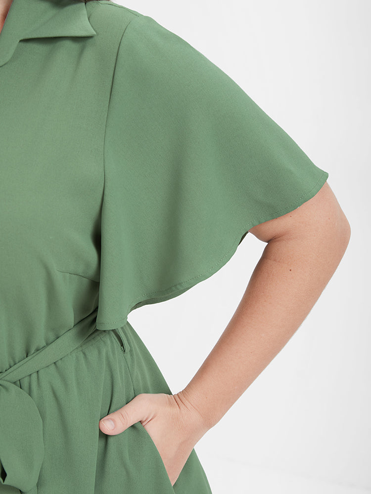 Solid Belted Collared V Neck Pocket Split Maxi Dress