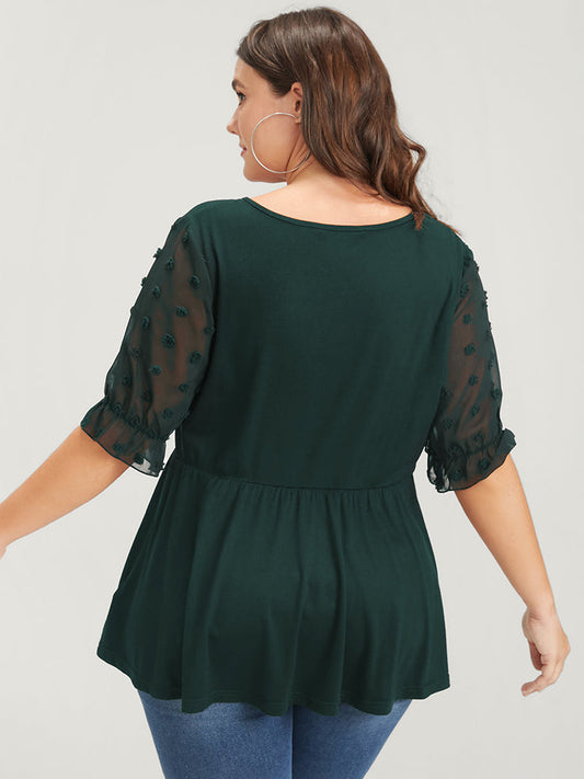 Solid Button Mesh Puff Sleeve Wrap T-shirt