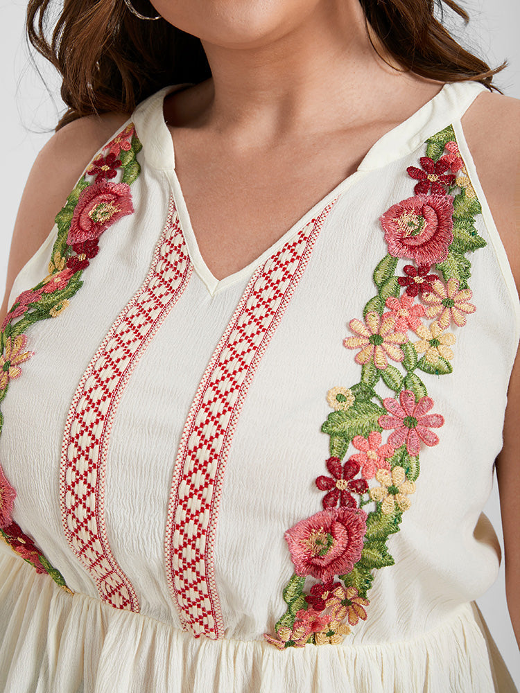 Floral Gathered Embroidered Babydoll Tank Top