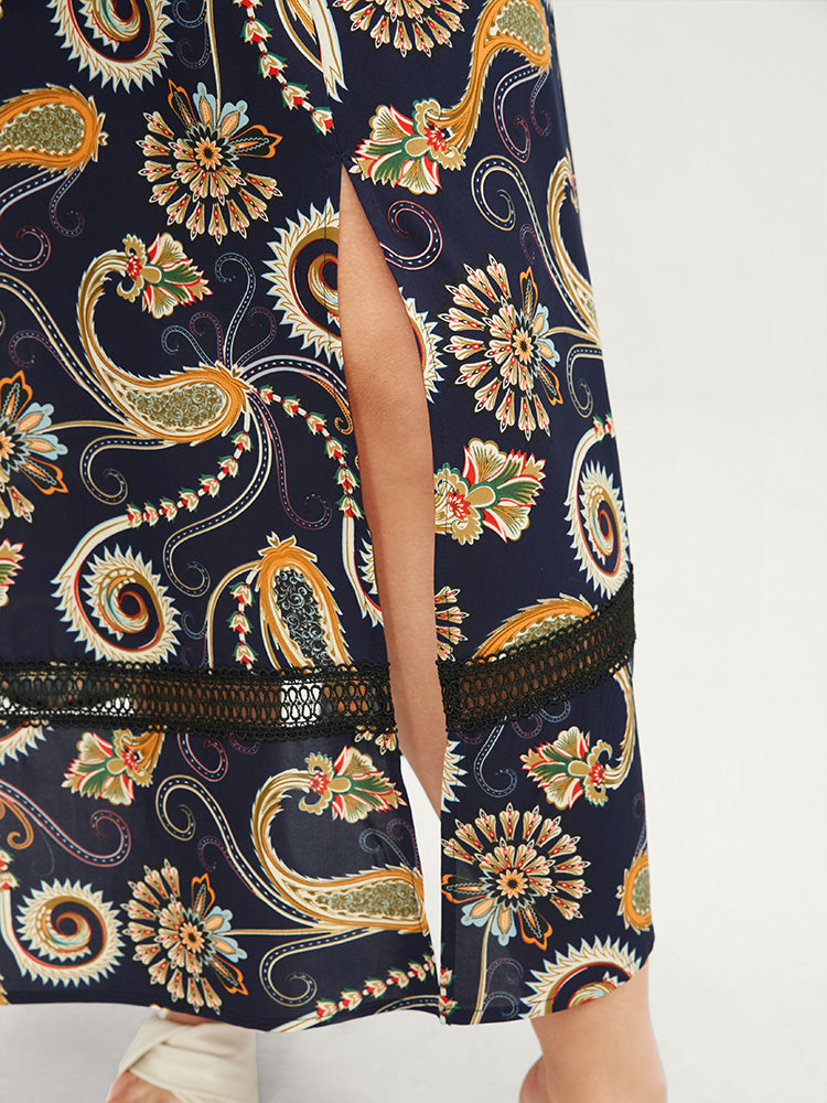 Paisley Print Elastic Waist Split Skirt