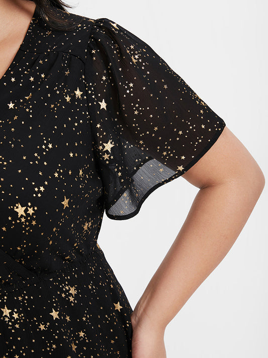 Star Ruffled Waistline Inside V Neck Blouse