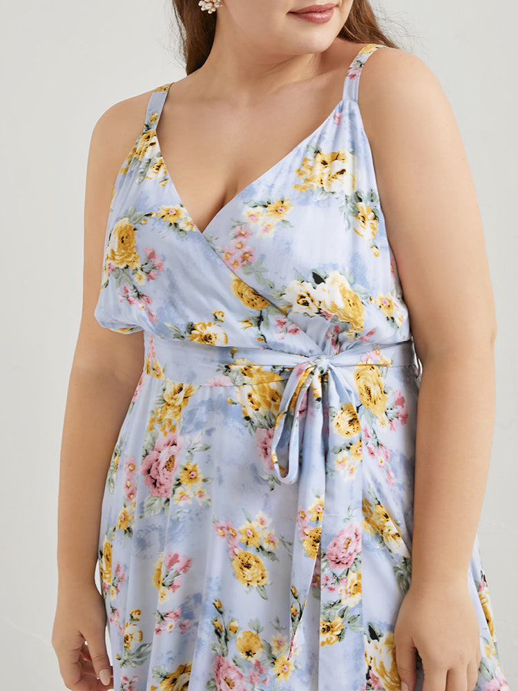 Floral Pocket Belted Asymmetrical Cami Dress