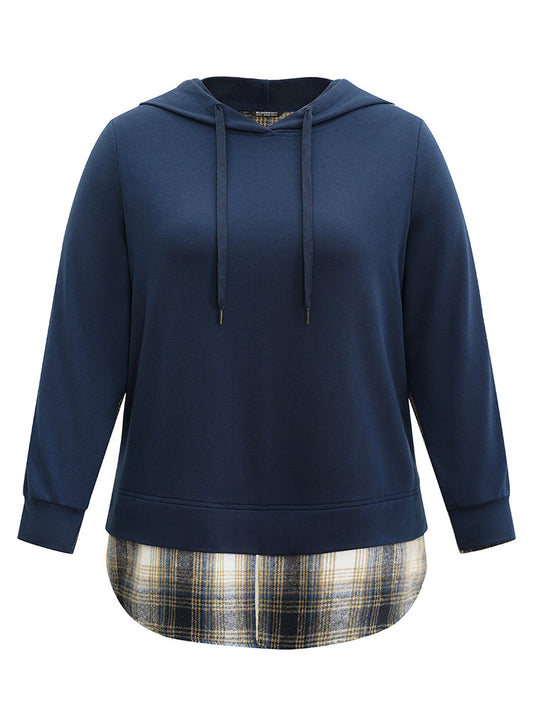 Contrast Plaid Hooded Curved Hem Sweatshirt