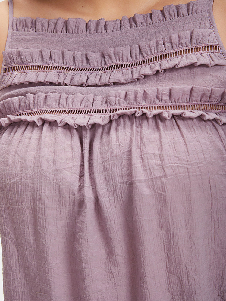 Solid Ruffles Trim Eyelet Lace Tank Top