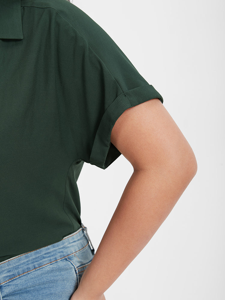 Solid Roll Sleeve Button Shirt Collar Blouse