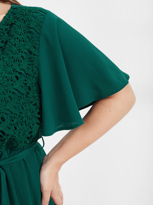 Plain Ruffles Crochet Lace Belted Wrap Blouse