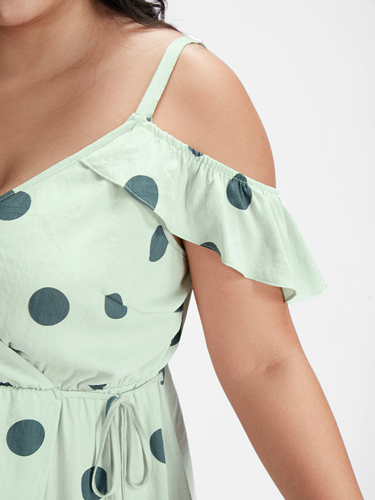 Polka Dot Ruffle Cold Shoulder Wrap Tie Dress