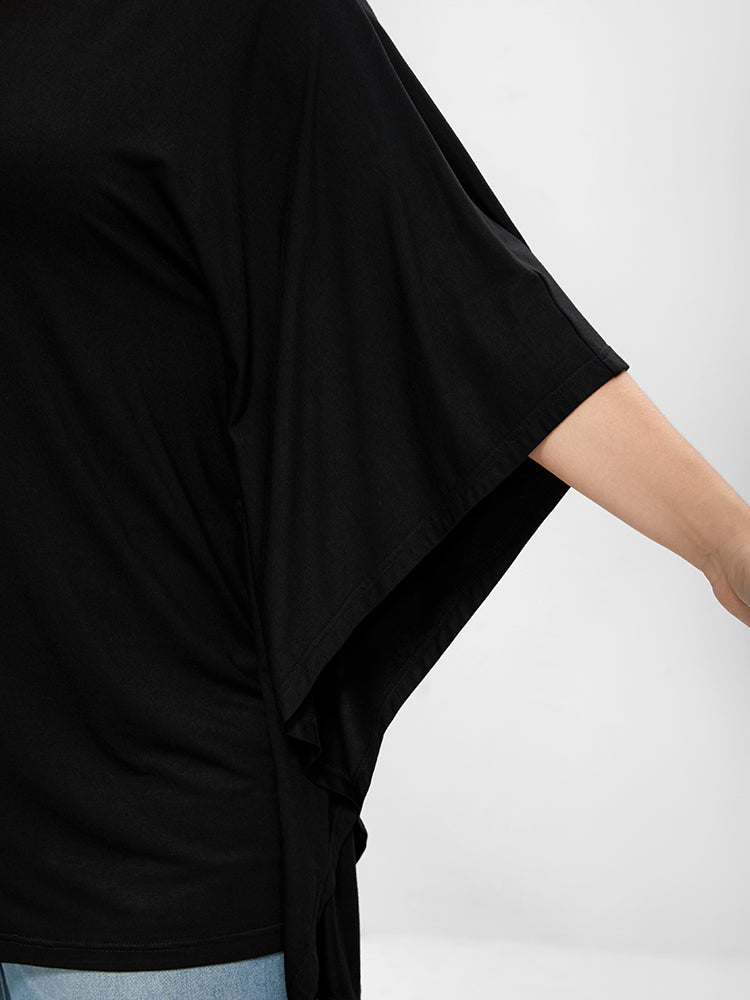 Solid V Neck Dolman Sleeve Fake Button T-shirt