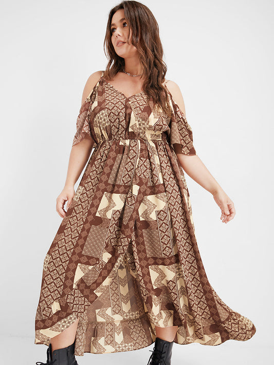 Geometric Print Ruffle Cold Shoulder Dress