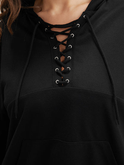 Plain Lace Up Pocket Drop Shoulder Hooded Sweatshirt