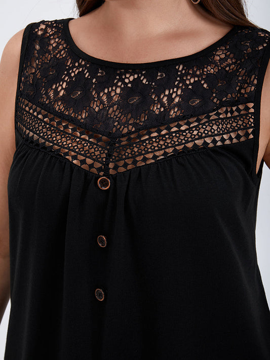 Solid Button Contrast Lace Tank Top