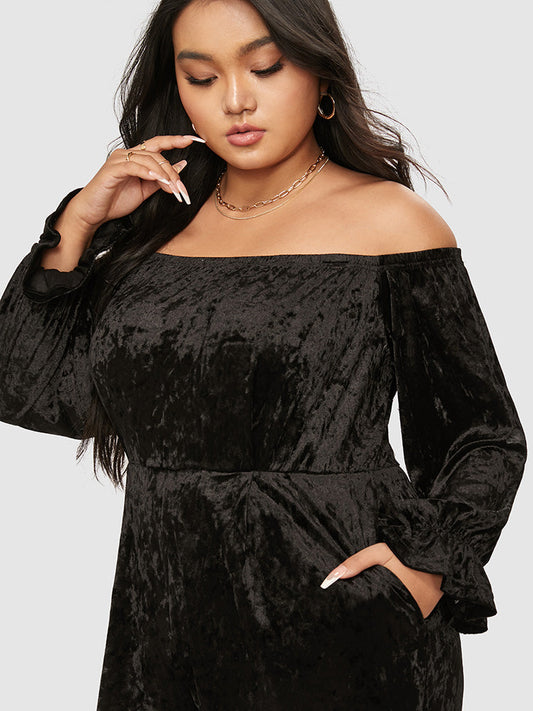 Off Shoulder Pocket Velvet Jumpsuit