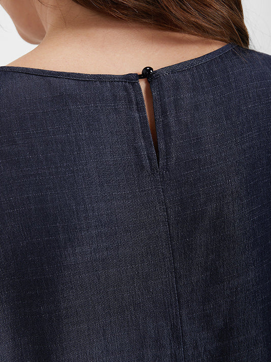 Tribal Embroidered Gathered Button Round Neck T-shirt