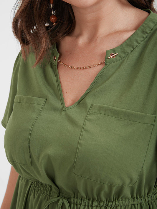 Solid Ruffles Ties Pocket Chain V Neck Short Dress