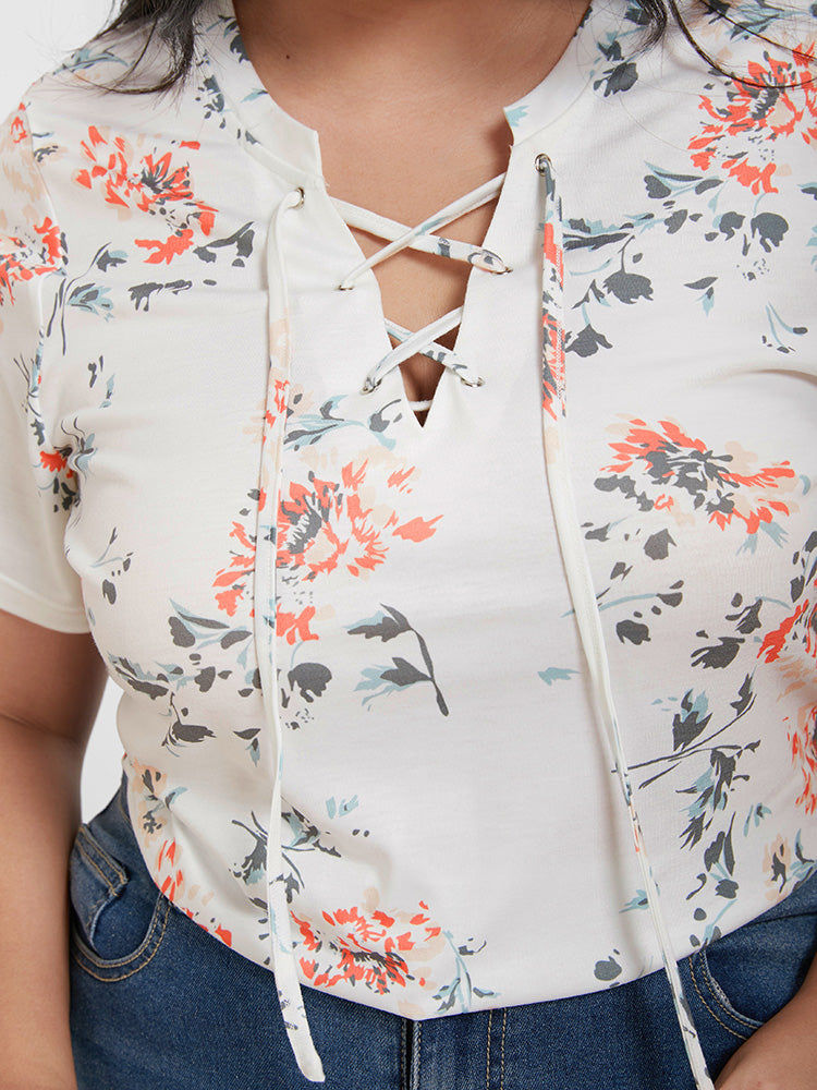 Floral Print Lace Up T-shirt