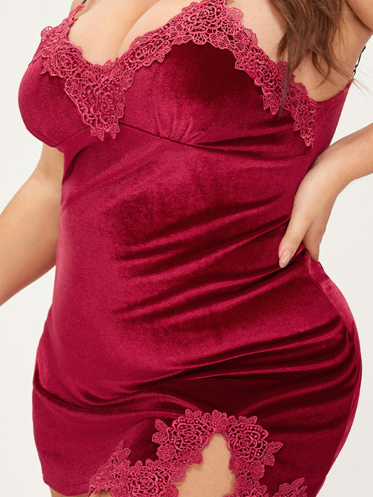 Floral Lace Trim Velvet Lounge Dress