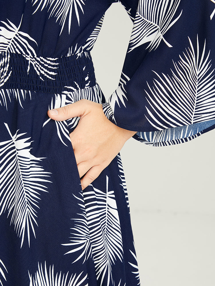 Plants Print Wrap Bell Sleeve Split Pocket Shirred Dress