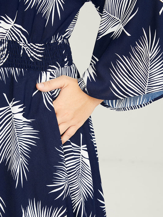 Plants Print Wrap Bell Sleeve Split Pocket Shirred Dress