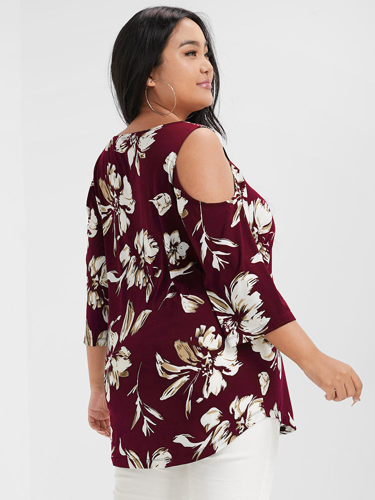 Floral Print Ruffles Cold Shoulder T-shirt