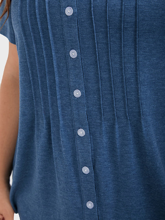 Solid Button Round Neck T-shirt