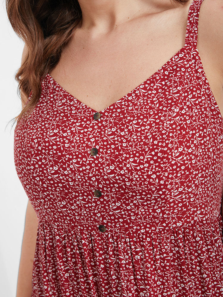 Ditsy Floral  Flutter Trim Button Split Cami Dress