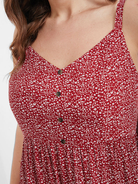 Ditsy Floral  Flutter Trim Button Split Cami Dress