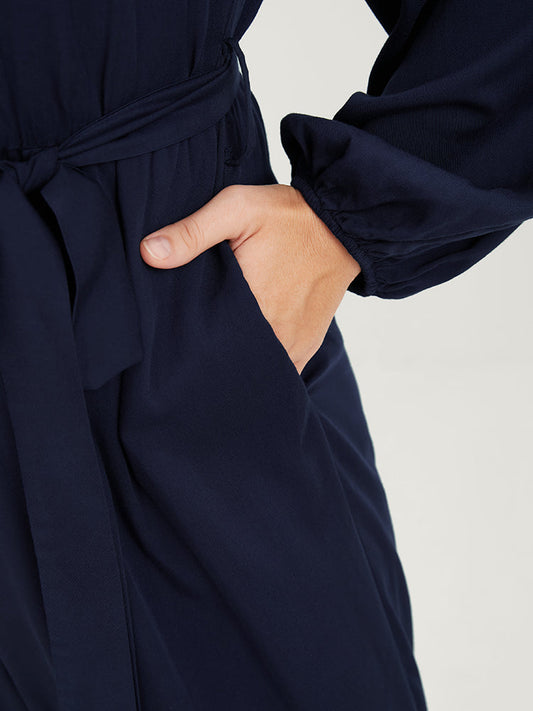 Solid V Neck Lantern Sleeve Embroidered Pocket Ties Jumpsuit