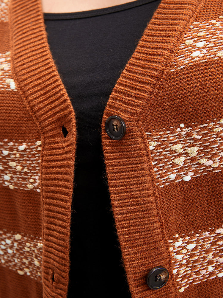 Striped Contrast Ping Pong Yarn Heather Button Front Cardigan