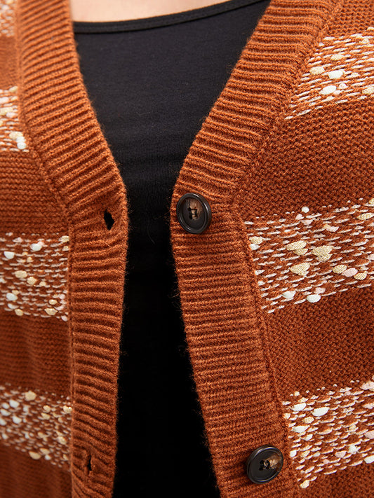 Striped Contrast Ping Pong Yarn Heather Button Front Cardigan