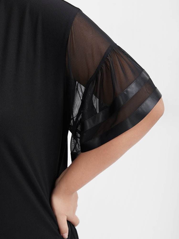 Solid Mesh Patchwork Ruffles V Neck T-shirt