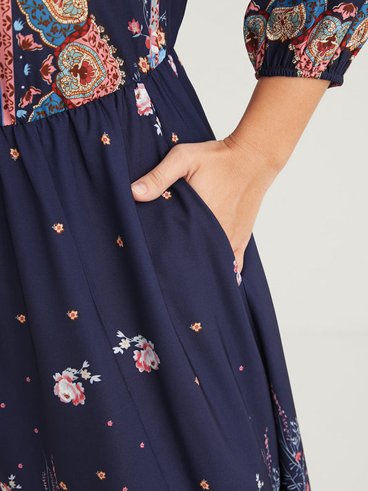 Bandana Lantern Sleeve Button Front Pocket Split Maxi Dress