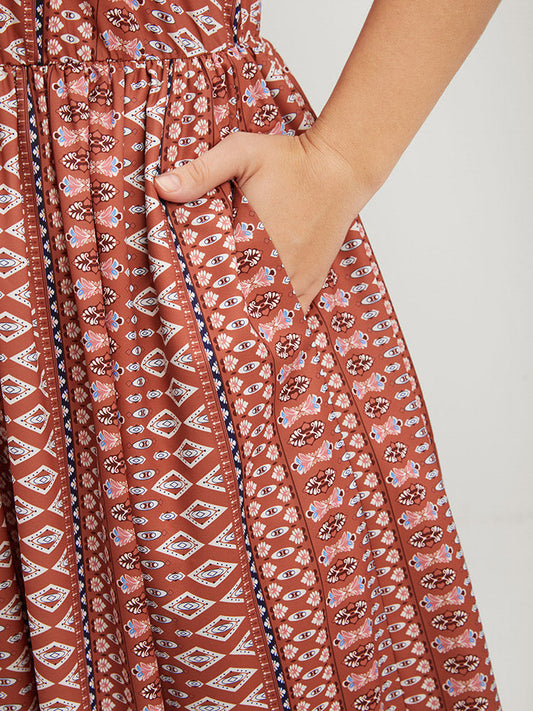 Geometric Print Gatherd Pocket Split Flutter Maxi Dress