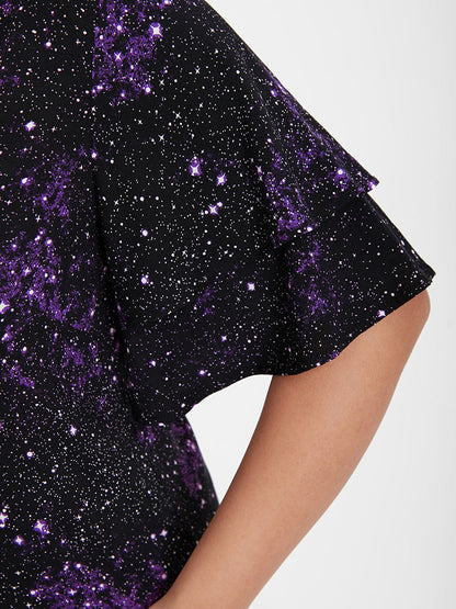 Galaxy Ruffles Sleeve Button V Neck T-shirt