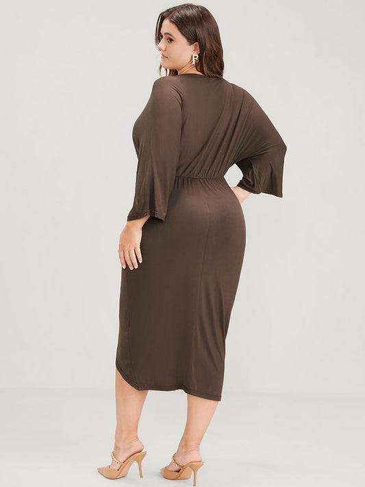 Plain Ruched Button Split Dolman Sleeve Wrap Dress