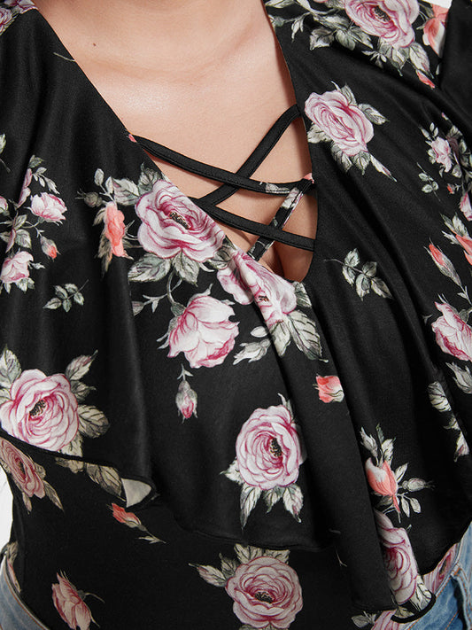 V Neck Crisscross Floral Ruffles T-shirt