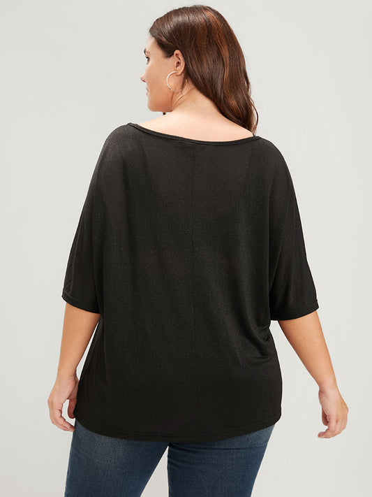 Plain Dolman Sleeve Slightly Transparent Scoop Neck T-shirt
