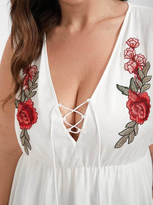 Floral Flutter Embroidered Ties Crisscross Tank Top