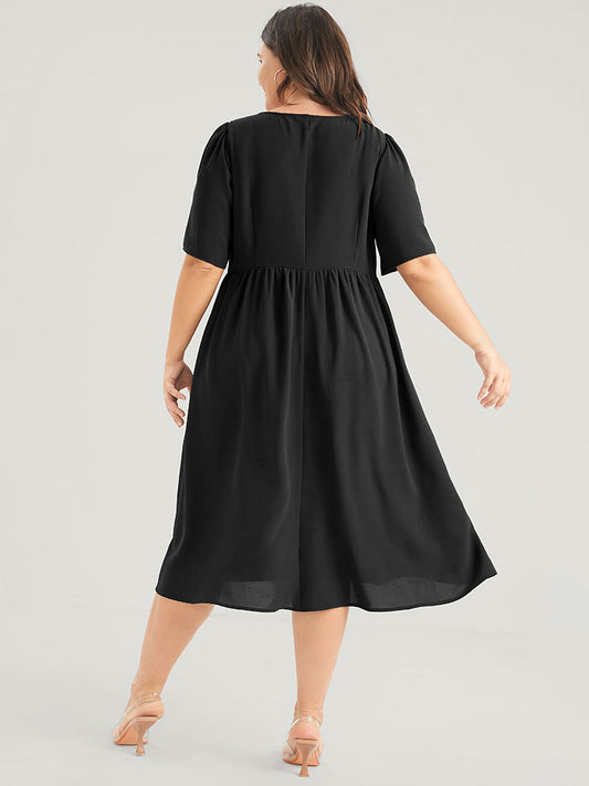 Plain Gathered Pocket Button Up Puff Sleeve Midi Dress