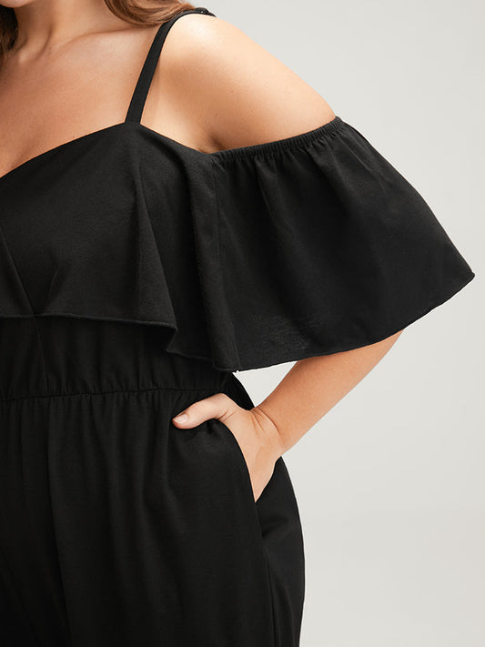 Plain Pocket Ruffles Trim Cold Shoulder Jumpsuit