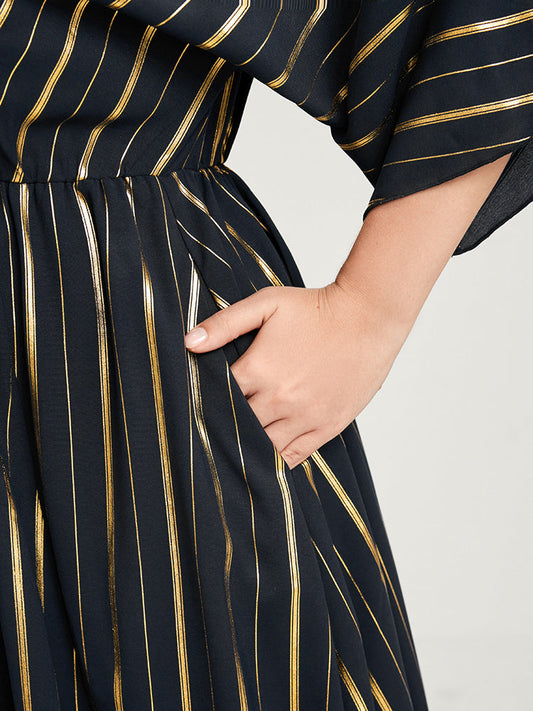 Striped Pocket Split Dolman Sleeve Wrap Maxi Dress