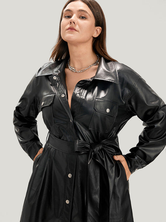 PU Leather Pocket Belted Button Up Dress