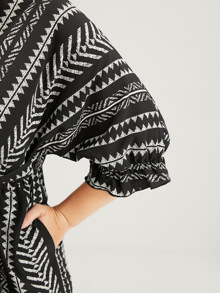 Striped Geometric Pocket Dolman Sleeve Knotted Wrap Jumpsuit