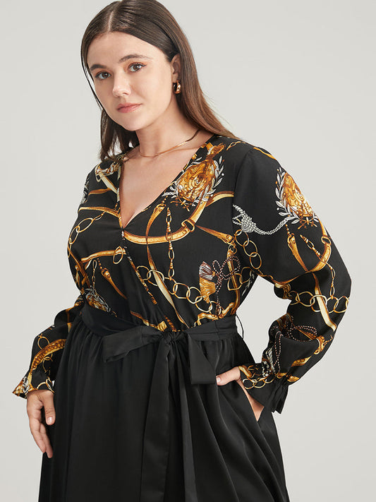 Chain Print V Neck Pocket Lantern Sleeve Belted Split Dress