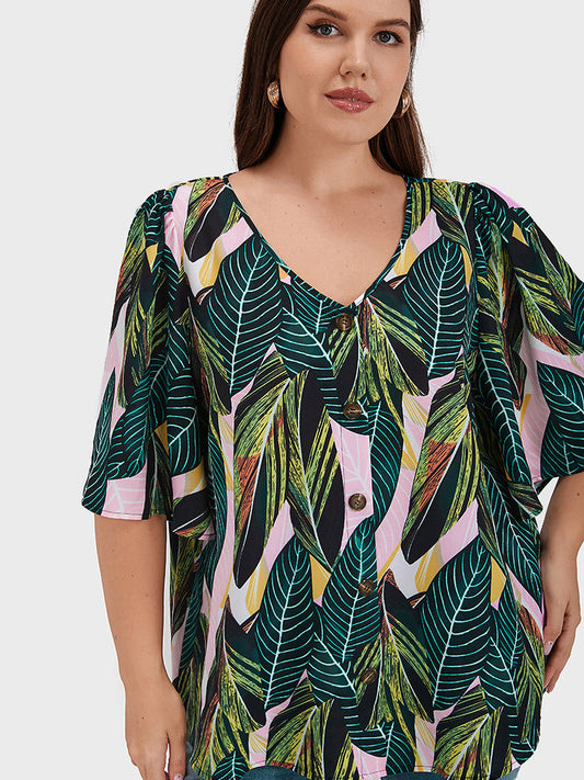 Tropical Button Ruffles V Neck Blouse