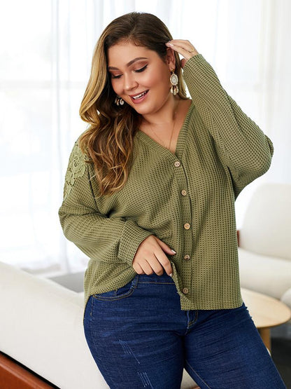 Waffle V-neck Embroidery Knit Top