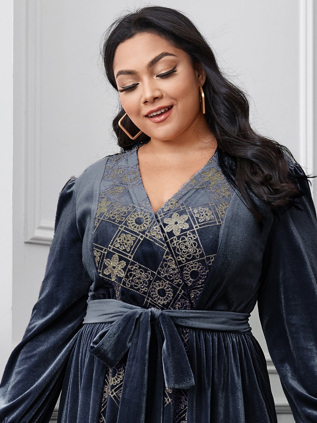 Floral & Argyle Embroidered Belt Velvet A-line Dress