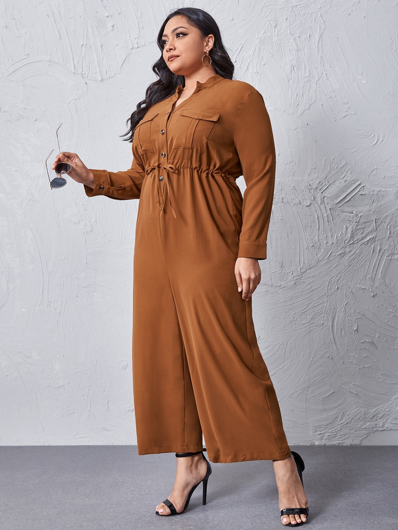 Drawstring Waist Wide-leg Shirt Jumpsuit