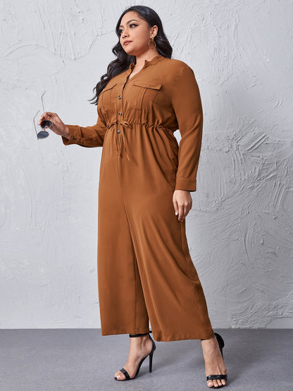 Drawstring Waist Wide-leg Shirt Jumpsuit